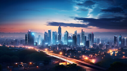 Fototapeta premium Bright glowing lights of district in megapolis under dusk sky in evening on blurred background