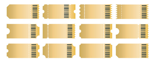 Blank gold ticket template for theater, cinema, circus, exhibition, performance and other event. Set of golden color coupons of different designs. Universal pass with barcode, isolated vector graphic