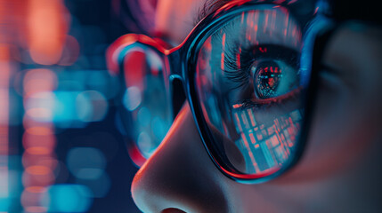 cybersecurity concept with glasses reflecting digital code