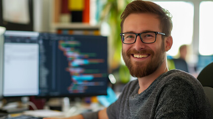 Fototapeta premium Happy software developer at work with a computer in the background.