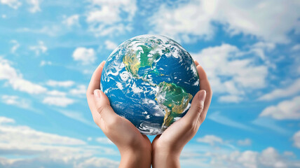 hands holding the Earth planet on blue sky background, World environment day concept
