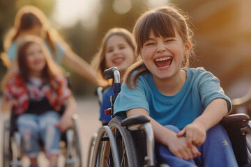 Obraz premium A boy in a wheelchair is smiling and laughing with two other children. Outdoors with friends