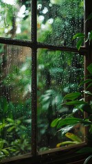 Raindrops on a window with a lush green garden outside, creating a serene and tranquil ambiance during a gentle rain shower