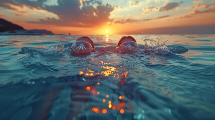 Two friends swimming in the ocean at sunset.