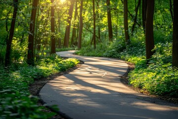 Obraz premium Scenic bicycle path winding through a lush forest, dappled sunlight filtering through the trees, creating a serene and inviting ride