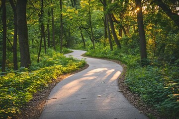 Fototapeta premium Scenic bicycle path winding through a lush forest, dappled sunlight filtering through the trees, creating a serene and inviting ride