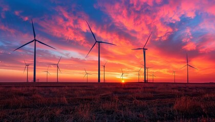 Obraz premium Silhouetted wind turbines against a vibrant sunset, their blades spinning gently in the evening breeze over open fields