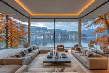 Luxurious living room with floor to ceiling windows, modern furniture, and a breathtaking city view, creating an elegant and sophisticated atmosphere