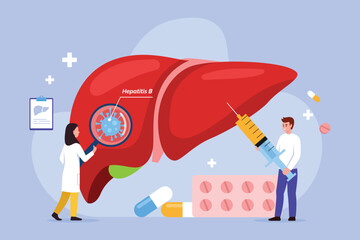 Vector illustration of liver damage by hepatitis b virus. Cartoon scene of doctors treating liver affected by hepatitis b virus, bullous magnifier, syringe, pills isolated on blue background.