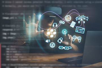 Person touching Crafting the future in a digital realm, programming the metaverse's next evolution, ensuring safety and innovation with cyber technology icons.