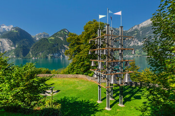 Installation of chimes at Tell's Chapel (Tellskapelle) at Lake Lucerne near Sisikon, Canton Uri, Switzerland