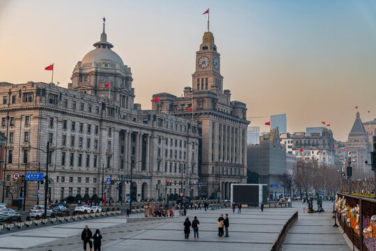 The Bund, waterfront area, Central Shanghai at sunset, Shanghai, China