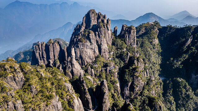 Aerial of the Taoist Sanqing Mountain, UNESCO World Heritage Site, Jiangxi, China