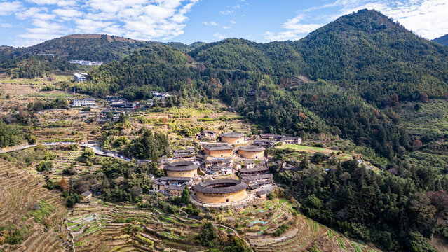 Aerial of Tianluokeng, UNESCO World Heritage Site, Fujian Tulou, rural dwelling of the Hakka, Fujian, China