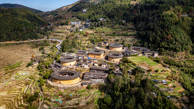 Aerial of Tianluokeng, UNESCO World Heritage Site, Fujian Tulou, rural dwelling of the Hakka, Fujian, China