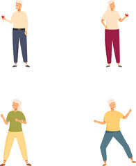 Collection of diverse senior men in various happy and relaxed lifestyle illustrations, showcasing the active and joyful retirement years