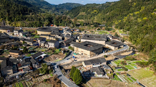 Aerial of the Hekeng Fujian Tulou, UNESCO World Heritage Site, rural dwelling of the Hakka, Fujian, China