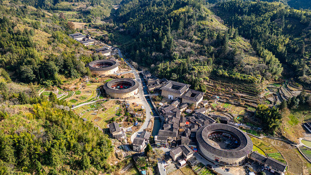 Aerial of the Hekeng Fujian Tulou, UNESCO World Heritage Site, rural dwelling of the Hakka, Fujian, China