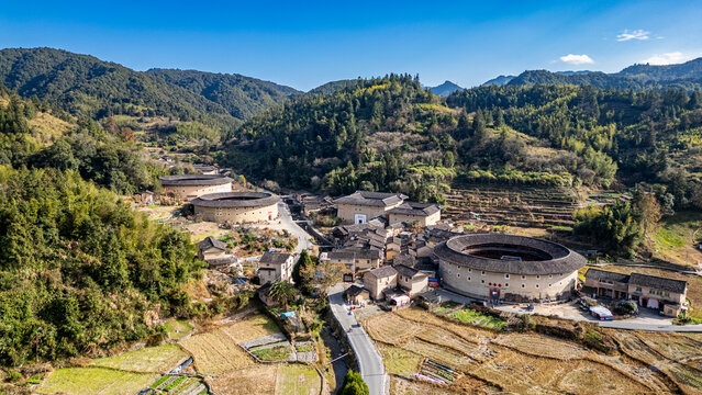 Aerial of the Hekeng Fujian Tulou, UNESCO World Heritage Site, rural dwelling of the Hakka, Fujian, China