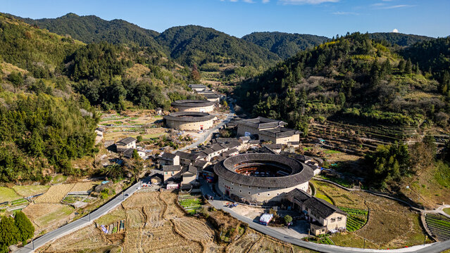 Aerial of the Hekeng Fujian Tulou, UNESCO World Heritage Site, rural dwelling of the Hakka, Fujian, China