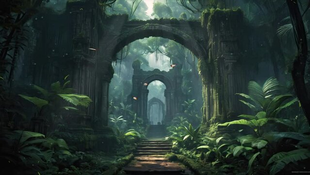 The Video Is Of A Stone Archway In A Jungle. The Archway Is Overgrown With Vines And Moss. There Are Large Ferns And Other Plants Growing On Either Side Of The Archway. 