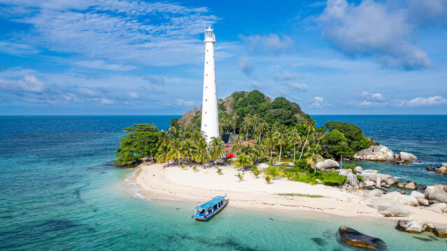 Aerial of Lengkuas (Old Indie Lighthouse Island), Belitung island off the coast of Sumatra, Indonesia