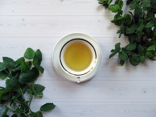 Miętowa herbata w eleganckiej białej filiżance w otoczeniu świeżych ziół na kuchennym stole z białego drewna © KJP Photography