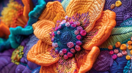 Obraz premium Vibrant Color Explosion in Intricate Machine Embroidery Artistry