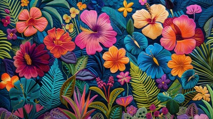 Vibrant Tropical Escape: Exotic Machine Embroidery Artwork Infusing Paradise Vibes
