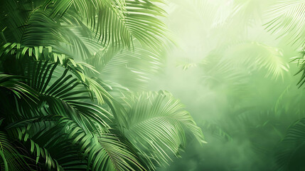 Fototapeta na wymiar lush green foliage of a tropical jungle with a soft foggy background