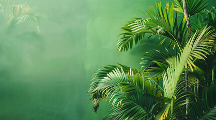 Green palm leaves on a green background. The leaves are lush and vibrant, and the background is a deep, rich green.