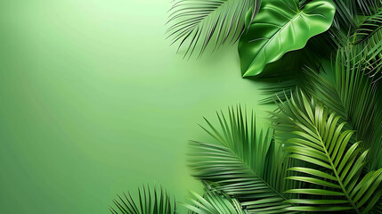 A lush green background with a variety of tropical leaves. The leaves are arranged in a way that creates a sense of depth and texture.