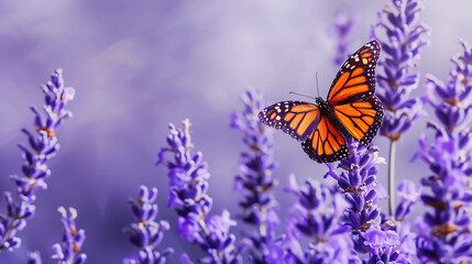 A beautiful orange butterfly with black and white spots perches on a stalk of purple lavender flowers.