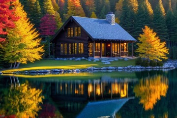 Cabin oasis in the midst of autumn's vibrant palette. A picturesque autumn landscape.