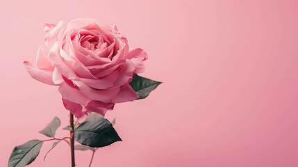 A beautiful pink rose in full bloom against a soft pink background. The rose is soft and delicate, with velvety petals.