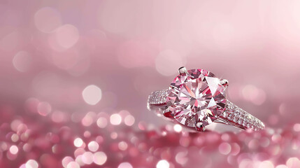 This is a beautiful image of a pink diamond ring. The ring is made of white gold and has a large, round pink diamond in the center.