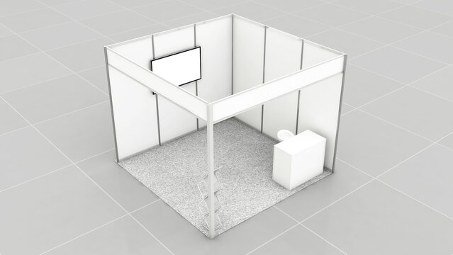 Blank Plane Octonorm Stall with Brochure Stand and Registration Table for Exhibition or Event and for promotional activities. 3d rendering of octonorm booth design for mockup 3 panels each side.