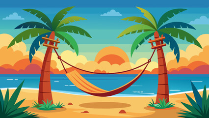  A cozy hammock tied between two palm trees with the ocean in the background