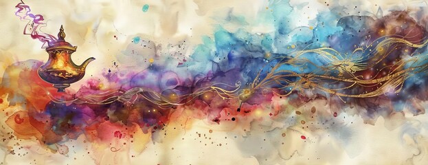 Abstract watercolor painting with a genie lamp and smoke