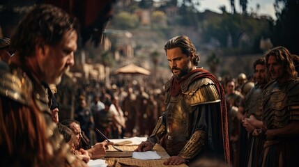 A commander in historic battle attire analyzes documents, surrounded by soldiers, evoking strategic planning