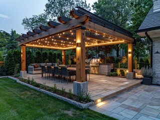 Naklejka premium Integrated Lighting with Recessed LED and Strip Lights in Pergola