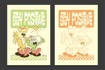 retro 70s posters or graphic t-shirt templates with funny fruits cartoon characters, vector illustration