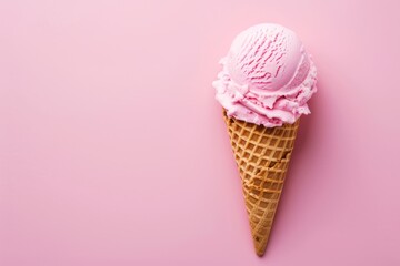 Vanilla ice cream in a waffle cone on a white background with space for text