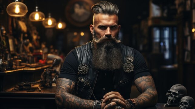 A heavily-tattooed man exuding confidence and masculinity poses in a vintage styled barbershop