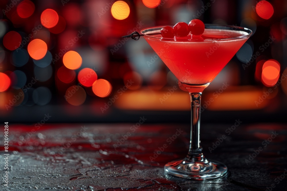 Poster elegant cherry cocktail with a bokeh background, creating a festive and sophisticated night time set