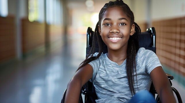 Disabled schoolgirl smiling sits in a wheelchair at school.