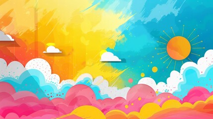 Whimsical Colorful Background with Clouds and Sun, Playful Imagination Scene