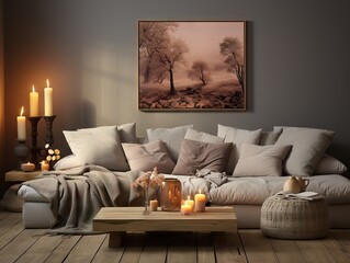 A serene and inviting living room scene with soft pillows, lit candles, and an autumnal landscape painting
