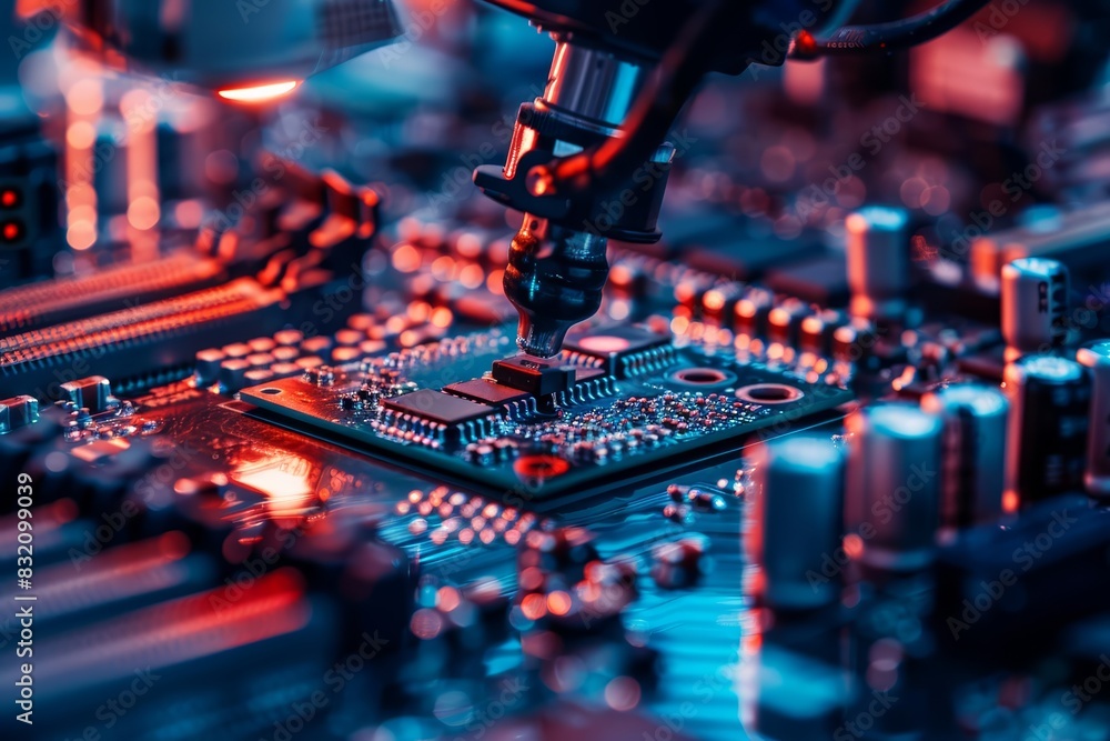 Poster a closeup of an automated robotic arm assembling microchips