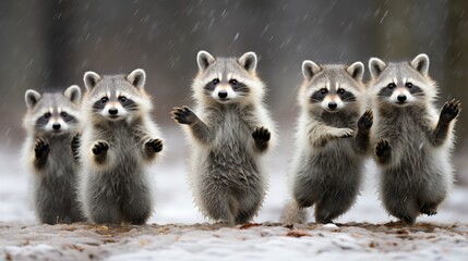 Obraz premium Raccoon ensemble energetically performing dance routine against clear white background